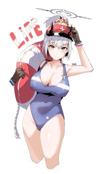 1girl absurdres bare_arms bare_legs bare_shoulders blue_archive blue_one-piece_swimsuit breasts brown_gloves character_name cleavage closed_mouth collarbone covered_erect_nipples cropped_legs feet_out_of_frame gloves grey_halo halo highres innertube large_breasts looking_at_viewer one-piece_swimsuit plentyofempty sena_(blue_archive) short_hair simple_background solo swim_ring swimsuit white_background white_hair yellow_eyes