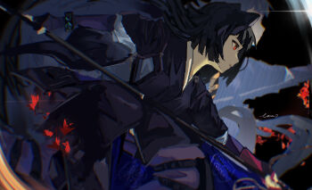 1girl arknights armor black_gloves black_hair blunt_bangs floating_hair from_side gloves highres holding holding_sword holding_weapon japanese_clothes katana kimono long_sleeves open_mouth outdoors parted_lips red_eyes saga_(arknights) short_hair signature solo sword upper_body user_rtdn4848 weapon wide_sleeves