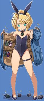 1girl animal_ear_hairband animal_ears armpit_crease bare_shoulders belt black_choker black_leotard black_shoes blonde_hair blue_background blue_coat brown_coat choker coat commentary_request covered_navel explosive fake_animal_ears flat_chest fur-trimmed_coat fur_trim gluteal_fold green_eyes green_nails grenade grenade_pin_in_mouth hairband high_heels highleg highleg_leotard highres karukan_(monjya) leotard loli long_sleeves looking_at_viewer medium_hair nail_polish notice_lines open_clothes open_coat original pen playboy_bunny rabbit_ear_hairband rabbit_ears shoes simple_background sleeves_past_wrists smile solo strapless strapless_leotard thigh_belt thigh_strap two-sided_coat two-sided_fabric winter_clothes winter_coat