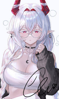 1girl bare_shoulders black_choker black_jacket braid breasts choker cleavage collarbone colored_eyelashes commentary commission crop_top demon_horns earrings ella_7737 glasses hair_between_eyes hand_up hashtag-only_commentary highres horns jacket jewelry lace_trim large_breasts long_hair long_sleeves looking_at_viewer midriff multicolored_hair o-ring o-ring_choker off_shoulder original parted_lips pointy_ears red_eyes ribbed_jacket round_eyewear shirt simple_background sleeveless sleeveless_shirt solo spaghetti_strap streaked_hair symbol-only_commentary twin_braids vgen_commission white-framed_eyewear white_background white_eyelashes white_hair white_shirt
