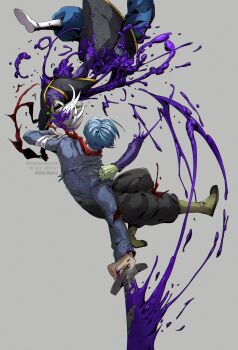 2boys absurdres bandana black_pants bleeding blood blood_on_clothes blood_on_face blood_splatter bloody_weapon blue_hair blue_jacket blue_pants blue_sash boots colored_skin covered_eyes crazy crazy_smile dismemberment dragon_ball dragon_ball_super earrings grabbing_another's_arm green_skin grey_background highres holding holding_sword holding_weapon jacket jewelry laughing liorzll long_sleeves mohawk multiple_boys pants pointy_ears potara_earrings purple_blood purple_shirt red_bandana sash shirt short_hair sliced smile sword torn_clothes trunks_(dragon_ball) trunks_(future)_(dragon_ball) unusual_blood_color weapon white_footwear white_hair yellow_footwear zamasu