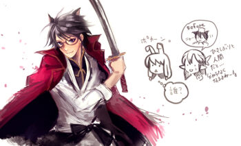 Rule 34 | 1boy, 2girls, animal ears, black hair, black shirt, blue eyes, brown-framed eyewear, cape, cat boy, cat ears, closed mouth, commentary request, glasses, gobaku no hito, holding, holding sword, holding weapon, katana, looking at viewer, male focus, multiple girls, pointy ears, purple eyes, ragnarok masters, ragnarok online, red cape, rune knight (ragnarok online), shirt, short hair, simple background, smile, solo focus, sword, translation request, upper body, weapon, white background, white shirt