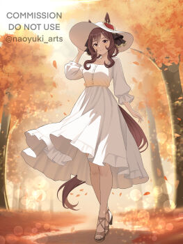 1girl absurdres alternate_costume animal_ears autumn autumn_leaves braid braided_hair_rings breasts brown_eyes brown_hair closed_mouth commission dress ear_ornament ears_through_headwear full_body gentildonna_(umamusume) hair_between_eyes hair_ornament hair_rings hat heart-shaped_ornament heart_ear_ornament highres horse_ears horse_girl horse_tail leaf long_hair long_sleeves looking_at_viewer naoyuki_arts outdoors sandals smile solo sun_hat tail tree umamusume white_dress