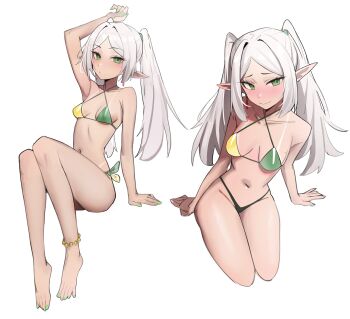 1girl absurdres anklet bikini blush breasts closed_mouth collarbone commentary doodles earrings elf english_commentary feet fingernails frieren full_body green_eyes highres jewelry kiritzugu kneeling long_hair looking_at_viewer multiple_views nail_polish navel parted_bangs pointy_ears simple_background sitting small_breasts sousou_no_frieren string_bikini swimsuit thighs toenails toes twintails white_background white_hair