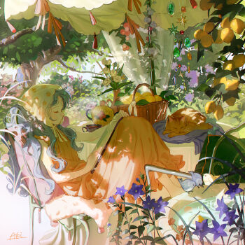 1girl absurdres aki_a0623 artist_name bare_shoulders barefoot basket bird bird_bath book bush cat chair closed_eyes cup dress flower food fruit grass green_hair highres holding holding_book lemon long_dress long_hair open_book orange-dress orange_flower original outdoors parasol purple_flower reading sitting sleeveless sleeveless_dress star_(symbol) table tassel tree umbrella water white_flower yellow_flower