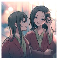 Rule 34 | 2girls, :d, adjusting hair, bad id, bad twitter id, bang dream!, black hair, blue eyes, border, brown hair, green eyes, green kimono, hair between eyes, hanazono tae, hand up, highres, japanese clothes, kimono, long hair, long sleeves, looking at another, multiple girls, open mouth, shiontaso, smile, upper body, wakana rei, white border, wide sleeves