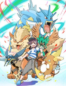 Rule 34 | 1boy, :d, alolan form, alolan raichu, arcanine, blue footwear, bracelet, capri pants, commentary request, decidueye, elio (pokemon), gen 1 pokemon, gen 7 pokemon, grey pants, gyarados, hat, jewelry, male focus, medium hair, mimikyu, nintendo, open mouth, pants, pokemon, pokemon (creature), pokemon sm, shirt, shoes, short sleeves, smile, striped clothes, striped shirt, t-shirt, tasunefu1570431, teeth, upper teeth only, vikavolt, z-ring