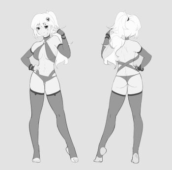1girl animated animated_gif ass breasts commentary commission contrapposto elbow_gloves english_commentary fingerless_gloves gloves greyscale hair_ornament hand_on_own_hip highres large_breasts lumpychan miniskirt monochrome multiple_views o-ring one-piece_swimsuit original ponytail skirt slingshot_swimsuit smile swimsuit thighhighs turtleneck turtleneck_one-piece_swimsuit