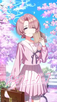 1girl arimura_mao bench book brick_wall briefcase brown_hair bush cherry_blossoms cloud english_text gakuen_idolmaster game_cg holding idolmaster japanese_text official_art open_book petals pink_skirt purple_eyes sailor_collar sakura_photograph_(idolmaster) school_uniform shorts skirt smile solo