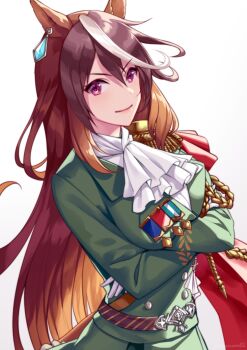 Rule 34 | 1girl, aiguillette, akatsuki (kuon), animal ears, ascot, blush, breasts, brown hair, buttons, cape, closed mouth, commentary request, crossed arms, double-breasted, earrings, epaulettes, gloves, green jacket, green skirt, hair between eyes, horse ears, horse girl, horse tail, jacket, jewelry, long hair, long sleeves, looking at viewer, medal, medium breasts, multicolored hair, purple eyes, red cape, shirt, side cape, simple background, single earring, single epaulette, skirt, smile, streaked hair, symboli rudolf (emperor's path) (umamusume), symboli rudolf (umamusume), tail, umamusume, white ascot, white background, white gloves, white hair, white shirt