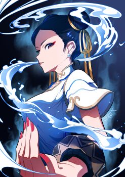 1girl absurdres bangle black_hair bracelet breasts brown_hair capcom china_dress chinese_clothes chun-li double_bun dress earrings eyeliner fighting_stance gold_ribbon gold_trim hair_bun hair_ribbon hashtag-only_commentary highres jewelry looking_at_viewer makeup mandarin_collar medium_breasts nail_polish parted_lips pearl_earrings red_eyeliner red_lips red_nails ribbon sgmt_proxy short_hair short_sleeves solo street_fighter street_fighter_6 upper_body water