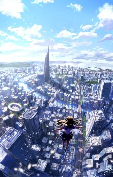 1girl black_hair black_sailor_collar black_skirt blue_sky bridge building city cloud commentary_request day floating floating_hair from_above from_behind grey_shirt highres long_hair original outdoors outstretched_arms pleated_skirt river road sailor_collar sanmen_(threeface_il) scenery school_uniform serafuku shirt short_sleeves skirt sky skyscraper solo spread_arms summer_uniform wide_shot
