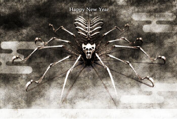 3d bone bug deino_(deino3330) highres honekumo monochrome new_year no_humans original skeleton spider