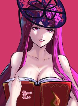 Rule 34 | 1girl, absurdres, bare shoulders, boobs in book (meme), book, breasts, cleavage, fascinator, fire emblem, fire emblem engage, highres, holding, holding book, ivy (fire emblem), kaen (yoltablaze), large breasts, long hair, looking at viewer, meme, mole, mole under mouth, nintendo, purple eyes, purple hair, solo, very long hair