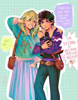 1boy 2girls agott_(tongari_boushi_no_atelier) bag belt black_hair black_nails blonde_hair bracelet coco_(tongari_boushi_no_atelier) commentary contemporary earrings english_commentary english_text fingernails green_nails handbag highres jewelry medium_hair multiple_girls necklace purple_eyes qifrey_(tongari_boushi_no_atelier) reverse_trap ring short_hair skirt smile suremaybeiguess teeth tongari_boushi_no_atelier yellow_eyes yuri