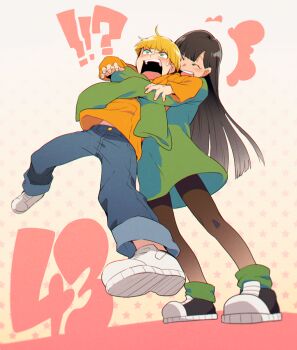 !? 1boy 1girl black_hair black_pants blonde_hair blunt_bangs blush child codename:_kids_next_door commentary_request denim green_eyes green_shirt hood hoodie hug hug_from_behind jeans long_hair long_sleeves numbuh_3 numbuh_4 open_mouth pants shirt short_hair sleeves_past_fingers sleeves_past_wrists sweatdrop t_k_g teeth tongue upper_teeth_only yellow_hoodie