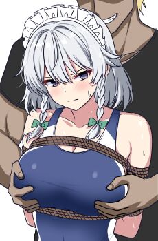 1boy 1girl alternate_costume bdsm black_shirt blonde_hair blue_one-piece_swimsuit blush bondage bound bound_arms bow braid breasts cleavage closed_mouth collarbone commentary commission faceless faceless_male grabbing_another&#039;s_breast grabbing_from_behind green_bow grey_hair grin groping hair_bow hetero highres izayoi_sakuya long_hair maid_headdress one-piece_swimsuit purple_eyes restrained rise_(rise19851203) rope shirt simple_background skeb_commission smile sweat swimsuit touhou twin_braids white_background