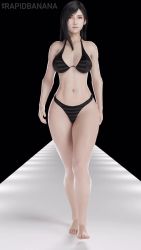 1girl 20s 3d animated artist_name barefoot black_background black_bra black_hair black_panties blender_(medium) bouncing_breasts bra breasts cleavage female_focus final_fantasy final_fantasy_vii final_fantasy_vii_remake full_body highres jiggle large_breasts legs light_smile logo long_hair looking_at_viewer looping_animation midriff panties patreon_logo rapid_banana red_eyes runway simple_background solo square_enix straight_hair striped_bra striped_clothes striped_panties thick_thighs thighs tifa_lockhart twitter_logo underwear very_long_hair video walk_cycle walking