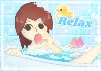 1girl barefoot bath bathing bathroom bathtub black_eyes blush brown_hair bubble bubble_bath completely_nude eating english_text food fruit glint holding holding_food holding_fruit in_bathtub indoors looking_at_viewer looking_to_the_side mii_(nintendo) mii_gunner mii_gunner_(smash_4) mob_face nintendo nose_blush nude parted_bangs partially_submerged relaxing rubber_duck shiny_skin solo sparkle tile_floor tile_wall tiles water watermelon wet y2k_fashion zorrpu