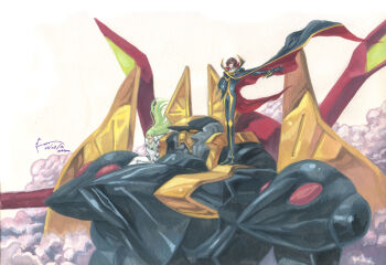 1boy 1girl 2012 absurdres armor black_armor black_cape black_gloves bodysuit c.c. cape cloud code_geass dated dominic_ian_cabatit floating_cape floating_hair full_body gawain_(code_geass) gloves gold_armor gold_trim green_hair hand_up helmet high_collar highres holding holding_unworn_helmet knightmare_frame lelouch_vi_britannia long_hair long_sleeves mecha mecha_focus multicolored_armor on_mecha outstretched_arm outstretched_hand red_cape red_eyes robot short_hair standing straitjacket timestamp two-sided_cape two-sided_fabric unworn_headwear unworn_helmet white_bodysuit yellow_eyes