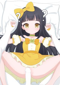 1boy 1girl ? bare_shoulders bed_sheet black_hair blank_censor blunt_bangs blush bow brown_eyes censored choker closed_mouth clueless collarbone detached_sleeves dress feet_out_of_frame flat_chest frilled_dress frills green_bow green_choker hair_bow hetero himitsu_no_aipri holding_another's_wrist imminent_penetration imminent_vaginal loli long_hair looking_at_viewer lying m_legs moke_(moke_dayo) no_panties on_back on_bed penis pillow pov pov_crotch pov_hands pretty_series puffy_short_sleeves puffy_sleeves pussy short_sleeves solo_focus spread_legs strapless strapless_dress suzukaze_tsumugi white_sleeves yellow_bow yellow_choker yellow_dress yellow_eyes