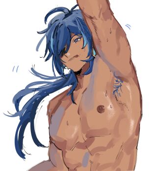1boy arm_up armpit_hair armpits biceps blue_hair closed_mouth colored_armpit_hair dark-skinned_male dark_skin eyepatch genshin_impact highres kaeya_(genshin_impact) large_pectorals long_hair male_focus muscular muscular_male nipples nude pectorals purple_eyes riki0928 simple_background solo star-shaped_pupils star_(symbol) sweat symbol-shaped_pupils tongue tongue_out white_background