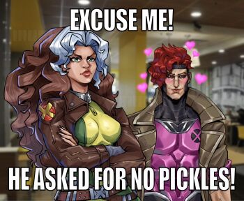 1boy 1girl armor black_sclera blurry blurry_background blush bodysuit brown_hair brown_jacket colored_sclera commentary couple crossed_arms curly_hair english_commentary english_text ertdoesart excuse_me_he_asked_for_no_pickles_(meme) freckles gambit green_bodysuit green_eyes heart hetero highres jacket long_hair looking_at_another marvel marvel_rivals meme multicolored_bodysuit multicolored_hair pink_armor red_eyes red_hair rogue_(x-men) short_hair smile superhero_costume two-tone_bodysuit two-tone_hair upper_body white_hair x-men yellow_bodysuit