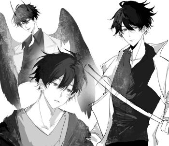 1boy ahoge artist_request black_hair black_shirt black_wings coat collared_shirt commission demon_horns feathered_wings head_tilt highres holding holding_sword holding_weapon horns kim_dokja multiple_views official_alternate_costume omniscient_reader&#039;s_viewpoint open_clothes open_coat second-party_source shirt short_hair sketch sword weapon white_coat wings