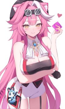 1girl animal_ears arm_under_breasts ascot bare_shoulders beret black_garter_straps black_gloves black_hat blue_gemstone blush breasts chattino_(raora_panthera) cleavage closed_mouth collared_shirt commentary condom condom_wrapper eyeshadow garter_straps gem gloves goggles goggles_on_head hair_intakes hashtag-only_commentary hat heart high-waist_shorts highres holding holding_condom hololive hololive_english jewelry large_breasts long_hair looking_at_viewer makeup multicolored_hair panther_ears panther_girl panther_tail pink_eyeshadow pink_hair pink_tail qweivi raora_panthera raora_panthera_(1st_costume) revision shirt shorts simple_background single_glove sleeveless sleeveless_shirt smile streaked_hair tail thighs two-tone_hair underbust virtual_youtuber white_ascot white_background white_shirt white_shorts yellow_eyes