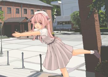 1girl beret black_bow black_bowtie bow bowtie building dress feet_out_of_frame hair_flaps harusame_(kancolle) harusame_(lawson)_(kancolle) hat highres kantai_collection long_hair lycoris_recoil meme official_alternate_costume own_hands_together palms_together pink_dress pink_hair pot-de red_eyes sakana~_(meme) scene_reference shirt short_sleeves side_ponytail solo standing standing_on_one_leg white_hat white_shirt