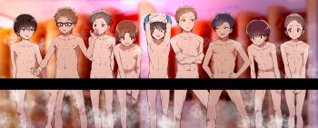 6+boys absurdres bar_censor bare_legs bare_shoulders blurry blurry_background censored character_request chinese_commentary copyright_request covering_privates covering_crotch dark-skinned_male dark_skin eyewear_on_head highres hoshiai_no_sora ironasi247 looking_at_another lower_body male_focus multiple_boys nude short_hair shota undressing upper_body