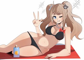 1girl absurdres alternate_costume bear_hair_ornament bikini black_bikini blonde_hair blue_eyes breasts cleavage commentary danganronpa:_trigger_happy_havoc danganronpa_(series) enoshima_junko female_pubic_hair gjh hair_ornament highres jewelry large_breasts long_hair looking_at_viewer lotion navel necklace one_eye_closed pearl_necklace pubic_hair simple_background solo stomach sunscreen swimsuit twintails w white_background
