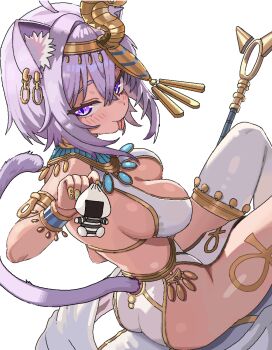 1girl ahoge ancient_egyptian animal_ear_fluff animal_ear_piercing animal_ears ankh blush breasts cat_ears cat_girl cat_tail cl_oor commentary_request dot_nose gold_nails hair_between_eyes hair_ornament holding holding_staff hololive jewelry large_breasts looking_at_viewer medium_hair nekomata_okayu onigirya_(nekomata_okayu) pelvic_curtain purple_eyes purple_hair simple_background sitting snake_hair_ornament staff tail thick_thighs thighs tongue tongue_out virtual_youtuber