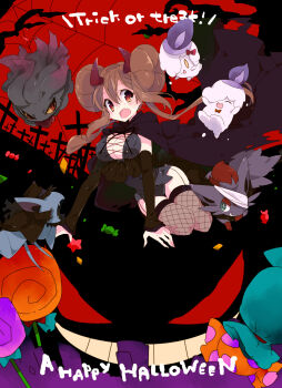 10s 1girl alternate_costume blush breasts brown_eyes brown_hair candy cape cleavage covered_erect_nipples cross demon_horns double_bun english_text fang fishnet_thighhighs fishnets food garter_belt gen_1_pokemon gen_2_pokemon gen_5_pokemon gengar ghost graveyard grin hair_bun halloween happy_halloween highres horns large_breasts litwick lollipop long_hair misdreavus nakamura_sandayo nintendo open_mouth pokemon pokemon_(creature) pokemon_bw2 rosa_(pokemon) silk sitting smile spider_web swirl_lollipop thighhighs trick_or_treat twintails yokozuwari zorua zubat