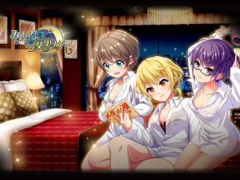 bed black_bra blonde_hair blush book bra bra_visible_through_clothes breasts brown_hair chandelier cityscape cleavage collarbone crossed_legs desk_lamp dot_nose floral_print frilled_bra frills glasses green-framed_eyewear green_eyes hair_dryer highres hiyo_(project_tokyo_dolls) holding holding_book holding_hair_dryer hotel_room indoors lamp large_breasts lips long_sleeves looking_at_viewer medium_breasts nanami_(project_tokyo_dolls) night no_pants open_book open_mouth partially_unbuttoned picture_frame print_bra project_tokyo_dolls purple_eyes purple_hair red_eyes reina_(project_tokyo_dolls) semi-rimless_eyewear shirt short_hair sitting smile sparkle translated under-rim_eyewear underwear white_bra white_shirt window