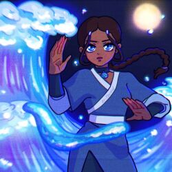 1girl avatar:_the_last_airbender avatar_legends blue_dress blue_eyes blue_kimono braid braided_ponytail brown_hair choker closed_mouth commentary cowboy_shot dress english_commentary floating_hair highres japanese_clothes katara kimono long_sleeves moon night night_sky sky solo thuminnnoo twitter waving