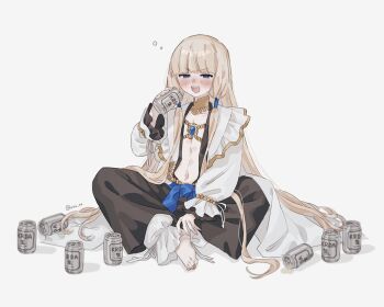 1boy barefoot beer_can blonde_hair blue_eyes blush can drink_can drunk fate/grand_order fate_(series) highres jewelry long_hair male_focus noah_(fate) on_floor sitting twitter_username utsu_(utu_xx)