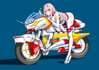Rule 34 | 1girl, albyee, bent over, biker clothes, bikesuit, blue background, bodysuit, breasts, candy, closed mouth, darling in the franxx, eyeshadow, food, green eyes, hairband, holding, holding candy, holding food, holding lollipop, horns, lollipop, long hair, looking at viewer, makeup, mecha pilot suit, medium breasts, motor vehicle, motorcycle, pink hair, red eyeshadow, red horns, simple background, smile, solo, tiptoes, very long hair, white bodysuit, white hairband, zero two (darling in the franxx)