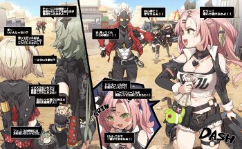 Rule 34 | 1boy, 3girls, :3, absurdres, bare shoulders, belt, belt pouch, billy kid, black-framed eyewear, black belt, black dress, black horns, black jacket, black pants, black ribbon, black shorts, black skirt, black sleeves, black thighhighs, blue sky, boots, braid, braided ponytail, breasts, briefcase, burnice white, caesar king (zenless zone zero), cleavage, cleavage cutout, clothing cutout, cloud, collarbone, crop top, cropped jacket, crossed belts, detached sleeves, dress, fire, flamethrower, from behind, fur-trimmed shorts, fur trim, green eyes, green hair, grey footwear, hair ornament, hair ribbon, hairclip, heart, heart necklace, highres, holding, holding briefcase, holding flamethrower, holding paper, holding weapon, horns, humanoid robot, jacket, jewelry, large breasts, mole, mole on breast, motor vehicle, multiple girls, navel, necklace, nicole demara, no pupils, o-ring, o-ring belt, open mouth, outdoors, own hands together, pants, paper, pink hair, pleated skirt, pouch, prosthesis, red-tinted eyewear, red jacket, red shirt, ribbon, robot, running, shirt, shorts, shoulder cutout, skirt, sky, sleeve cuffs, smile, speech bubble, strapless, studded belt, stuffed toy, sunglasses, sweat, thick eyebrows, thigh belt, thigh strap, thighhighs, thought bubble, tinted eyewear, truck, tube top, turn pale, twintails, two side up, v-shaped eyebrows, weapon, white belt, white hair, white shirt, yukie (kusaka shi), zenless zone zero