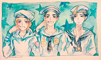 Rule 34 | 3boys, anchor symbol, black eyes, black hair, blonde hair, blue eyes, dixie cup hat, hand on own chin, hat, heart, higashikata josuke (jojolion), johnny joestar, jojo no kimyou na bouken, jojolion, kira yoshikage (jojolion), male focus, military hat, mouth pull, multiple boys, sailor collar, sailor hat, sandsawako, star (symbol), star symbol background, tooth gap, traditional media, twitter username, watermark, web address
