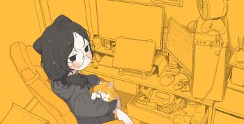 1girl animal_ears black_eyes black_hair black_hoodie blush cat cat_ears computer desk glasses highres hood hoodie long_hair low_twintails mole mole_under_eye monitor original possi_(possummachine) possummachine round_eyewear twintails yellow_background