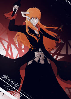 Rule 34 | 1046sstep btoh, 1boy, bleach, character name, commentary request, copyright name, highres, holding, holding sword, holding weapon, horns, kurosaki ichigo, long hair, male focus, orange hair, red background, red eyes, single horn, solo, sword, tensa zangetsu (bankai), very long hair, weapon