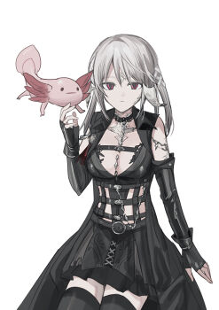 1girl animal au_ra axolotl bare_shoulders black_dress black_gloves black_thighhighs breasts chihuri closed_mouth dragon_horns dress final_fantasy final_fantasy_xiv fingerless_gloves gloves grey_hair hair_between_eyes hand_up highres horns long_sleeves looking_at_viewer medium_breasts red_eyes scales simple_background solo thighhighs warrior_of_light_(ff14) white_background