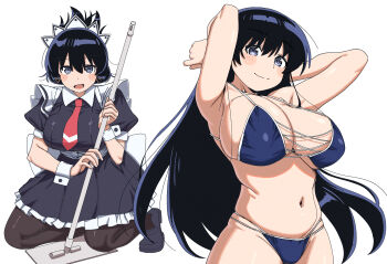 1girl arato_nagi armpits arms_up bikini black_hair blue_bikini blush_stickers breasts earrings highres jewelry large_breasts long_hair looking_at_viewer maid maid_headdress navel necktie pantyhose ruri_no_houseki smile solo squatting swimsuit ylong