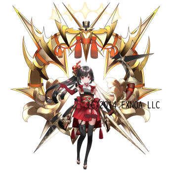 1girl black_hair black_sandals black_thighhighs character_request closed_mouth commentary_request elbow_gloves electricity gloves hakama hakama_skirt highres japanese_clothes kimono long_hair looking_at_viewer obi official_art oshiro_project:re red_eyes red_gloves red_hakama sandals sash side_ponytail simple_background skirt sleeveless sleeveless_kimono smile solo standing standing_on_one_leg thighhighs toeless_legwear very_long_hair white_background white_kimono yuuki_kira zouri