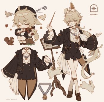 1boy absurdres animal animal_ears bird black_hat black_jacket black_shorts bow_(music) boy_dearboys brown_eyes brown_hair brown_shoes closed_eyes closed_mouth conductor_baton hat highres holding holding_bow_(music) holding_instrument holding_violin instrument jacket long_hair long_sleeves looking_at_viewer male_focus medal multiple_views music musical_note open_clothes open_jacket original playing_instrument rabbit sheet_music shoes shorts simple_background smile socks squirrel very_long_hair violin white_socks wide_sleeves