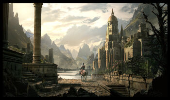 1boy animal armor bare_tree castle cloud column commentary english_commentary flock from_behind horse horseback_riding knight lake landscape medieval moss mountain mountainous_horizon original painterly pillar raphael-lacoste riding rock ruins scenery sky stairs stone_floor stone_stairs stone_wall tower tree village yellow_sky