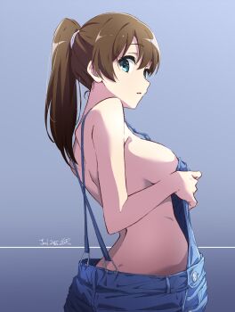 Rule 34 | 1girl, aqua eyes, blue overalls, breasts, brown hair, dated, gradient background, hibike! euphonium, highres, kuroe mayu, large breasts, long hair, looking at viewer, naked overalls, nii manabu, overalls, ponytail, signature, solo