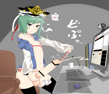 1futa artist_request bar_censor beads bikini black_thighhighs book breasts censored chair computer computer_mouse cum cup ejaculation file flat_chest futanari futanari_masturbation green_hair indoors keyboard light_smile livestream loli masturbation micro_bikini microphone misabon monitor mouse_(animal) mug navel nipples panties penis projectile_cum recording sex_toy shiki_eiki short_hair side-tie_panties stomach stream string_bikini swimsuit testicles thighhighs touhou underwear upper_body urethral_beads urethral_insertion webcam youtube