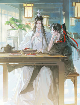 2boys absurdres black_boots black_hair black_hanfu black_pants boots bowl chair chinese_clothes chinese_commentary closed_eyes closed_mouth commentary_request commission couple cup food grey_eyes hair_ribbon hand_on_own_cheek hand_on_own_face hanfu hanging_lantern head_rest headband highres holding holding_cup indoors lan_wangji lantern light_particles long_hair looking_at_another male_focus modao_zushi multiple_boys on_chair pants paper_lantern parted_lips plant plate ponytail potted_plant profile red_ribbon ribbon robe second-party_source sitting sitting_on_lap sitting_on_person smile ss_xixi table teacup teapot topknot wei_wuxian white_hanfu wide_sleeves window xiao_guan_(headdress) yaoi